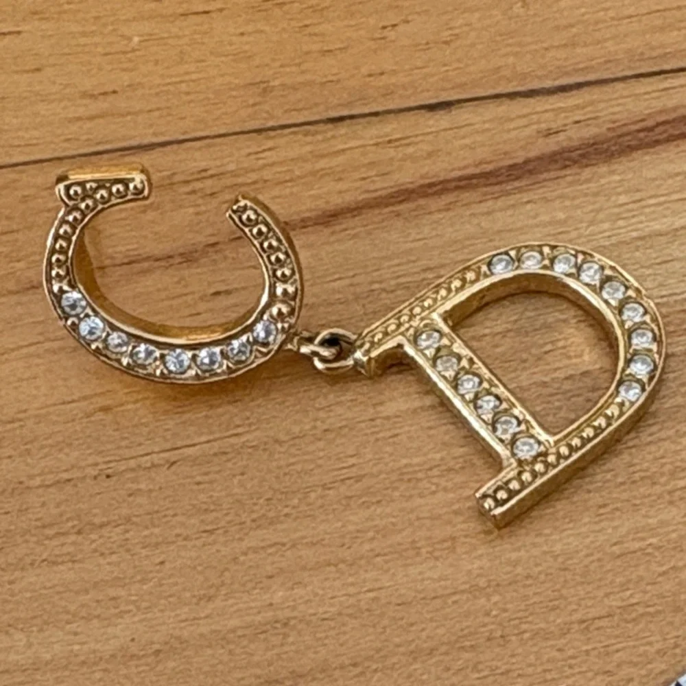Christian Dior CD Logo Rhinestone Earrings Gold Tone - Picture 7 of 10
